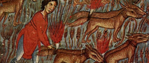 Τμήμα μικρογραφίας χειρογράφου με τον Σαμψών να δένει δάδες στις ουρές αλεπούδων, για να κάψει τις καλλιέργειες των Φιλισταίων
(13ος αι.)