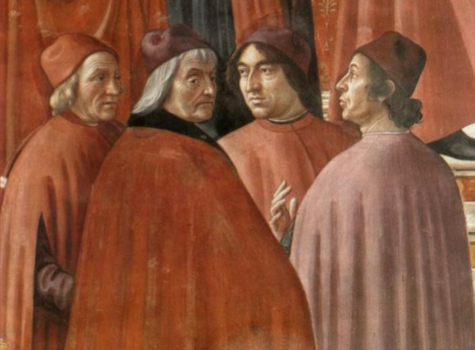 Λεπτομέρεια από νωπογραφία του Domenico Ghirlandaio (απεικονίζονται οι Marsilio Ficino, Cristoforo Landino, Angelo Poliziano και Δημήτριος Χαλκοκονδύλης), Santa Maria Novella, Cappella Tornabuoni, Φλωρεντία, 1486-1490 (https://tinyurl.com/2w5s8rup).
