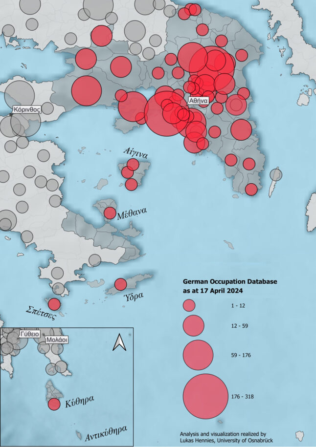 Αποτελέσματα του έργου «German Occupation Database» (εδώ μια απεικόνιση των δεδομένων της γερμανικής Κατοχής στη σημερινή Περιφέρεια Αττικής) συνέβαλαν στην επιβεβαίωση την αυθεντικότητας των φωτογραφιών. © GODB.